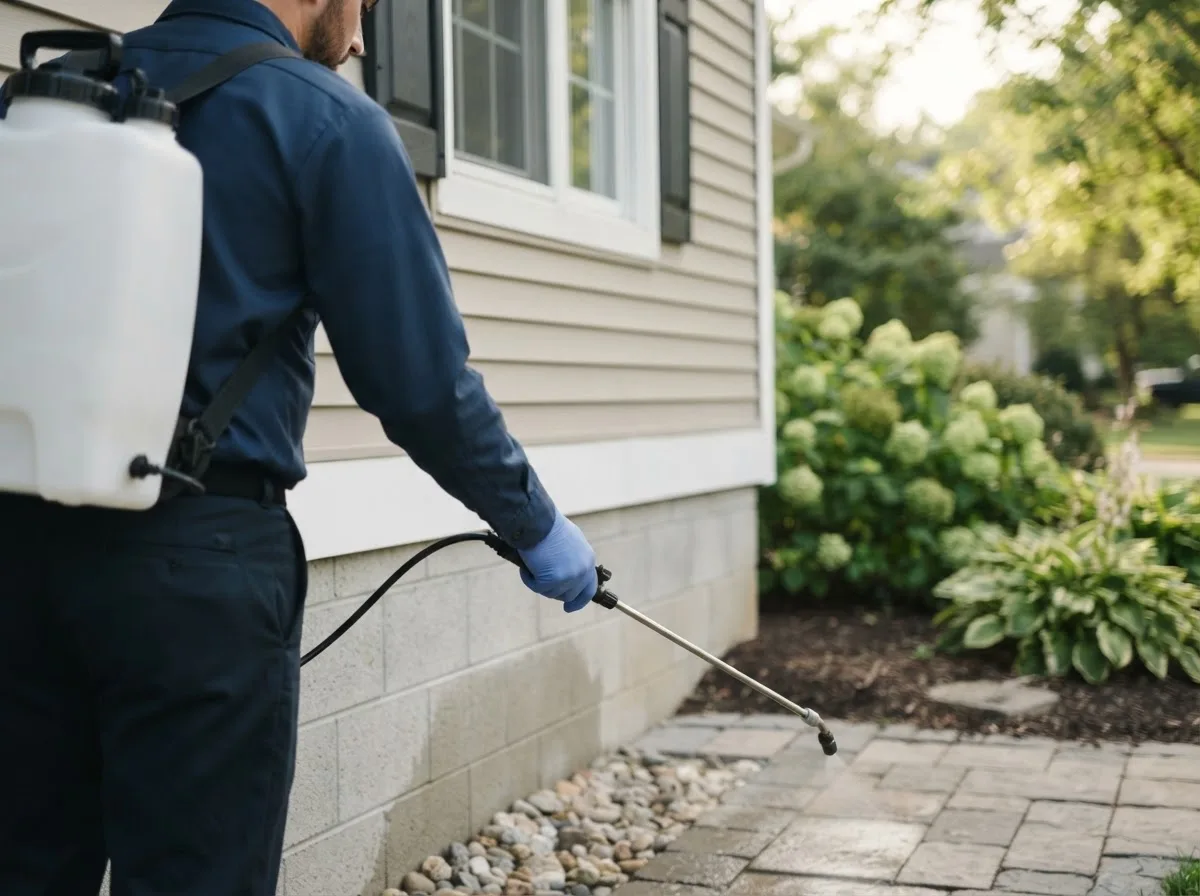 Pest control technician inspecting a home in Ormsby, MN